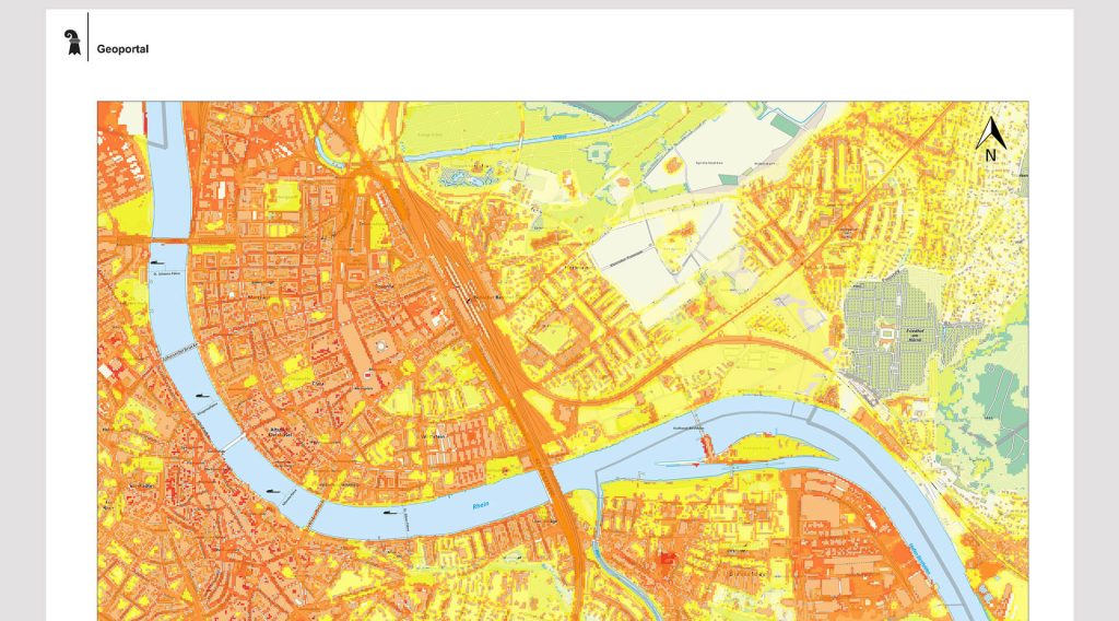 Karte von Basel-Stadt. Die Wärmeinseln sind orange eingezeichnet. Kühlere Gebiete sind gelb oder grün markiert.