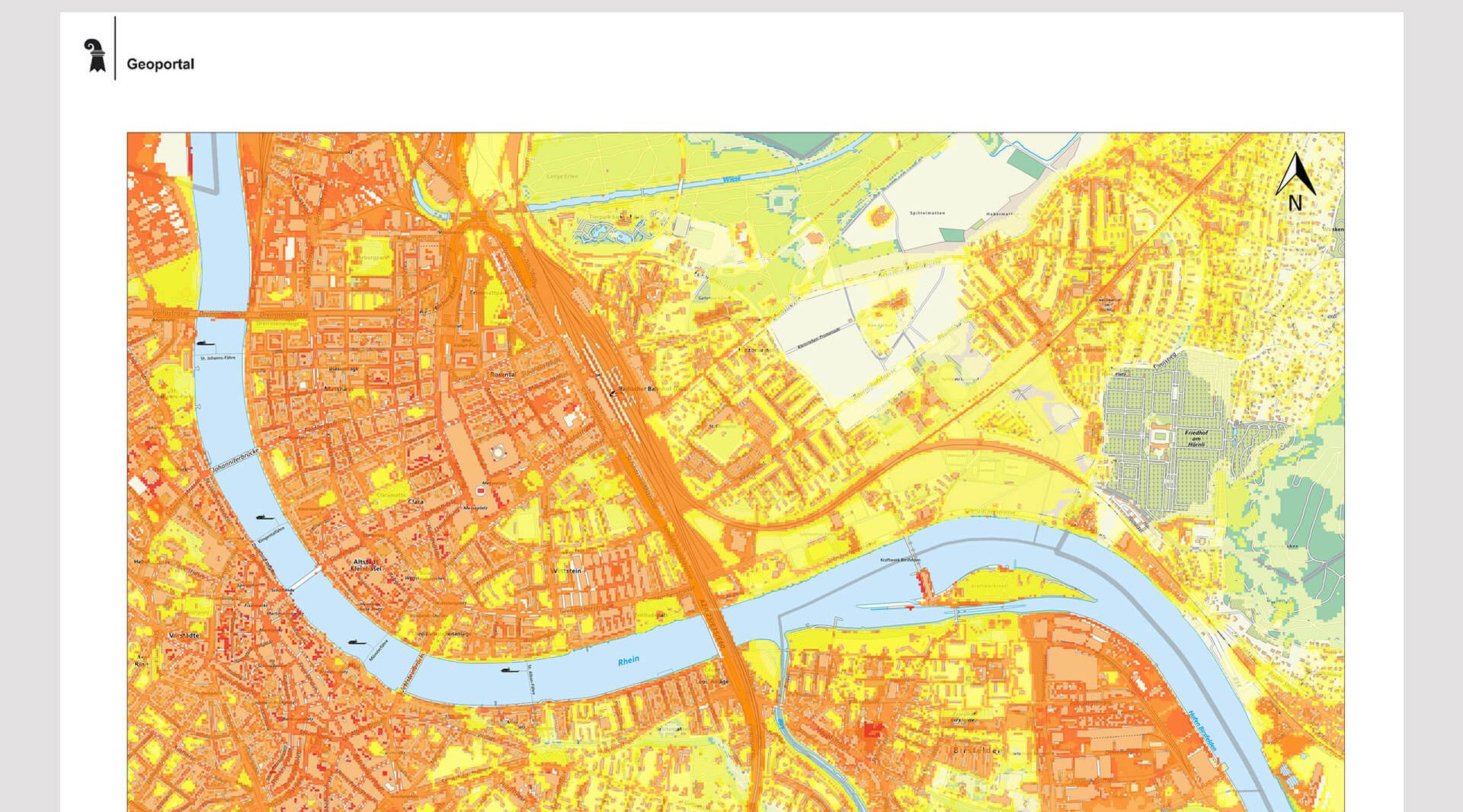 Karte von Basel-Stadt. Die Wärmeinseln sind orange eingezeichnet. Kühlere Gebiete sind gelb oder grün markiert.
