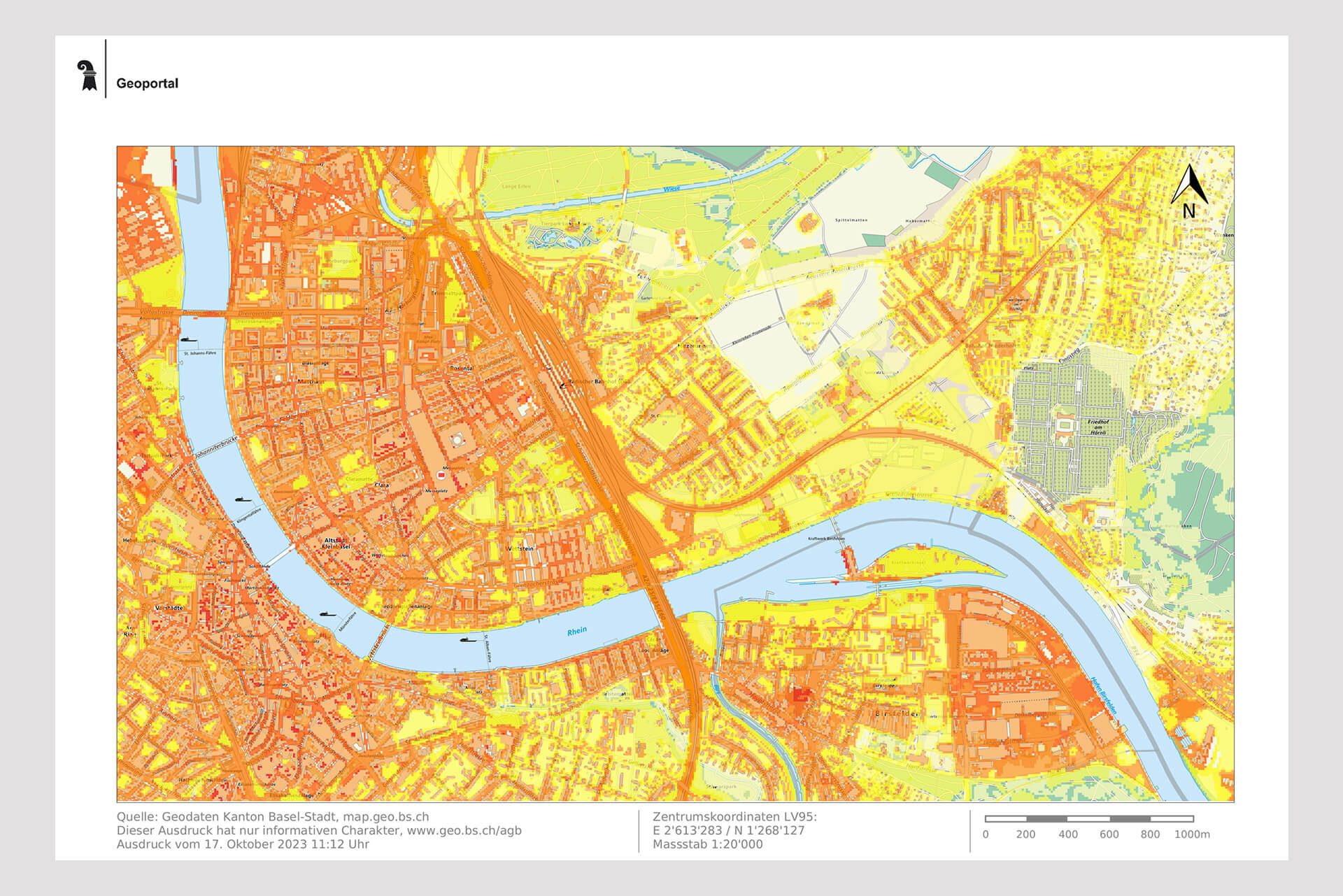 Karte von Basel-Stadt. Die Wärmeinseln sind orange eingezeichnet. Kühlere Gebiete sind gelb oder grün markiert.