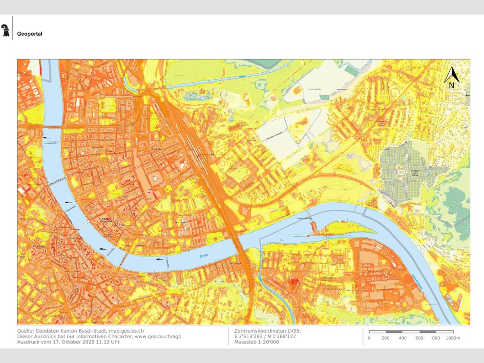 Karte von Basel-Stadt. Die Wärmeinseln sind orange eingezeichnet. Kühlere Gebiete sind gelb oder grün markiert.
