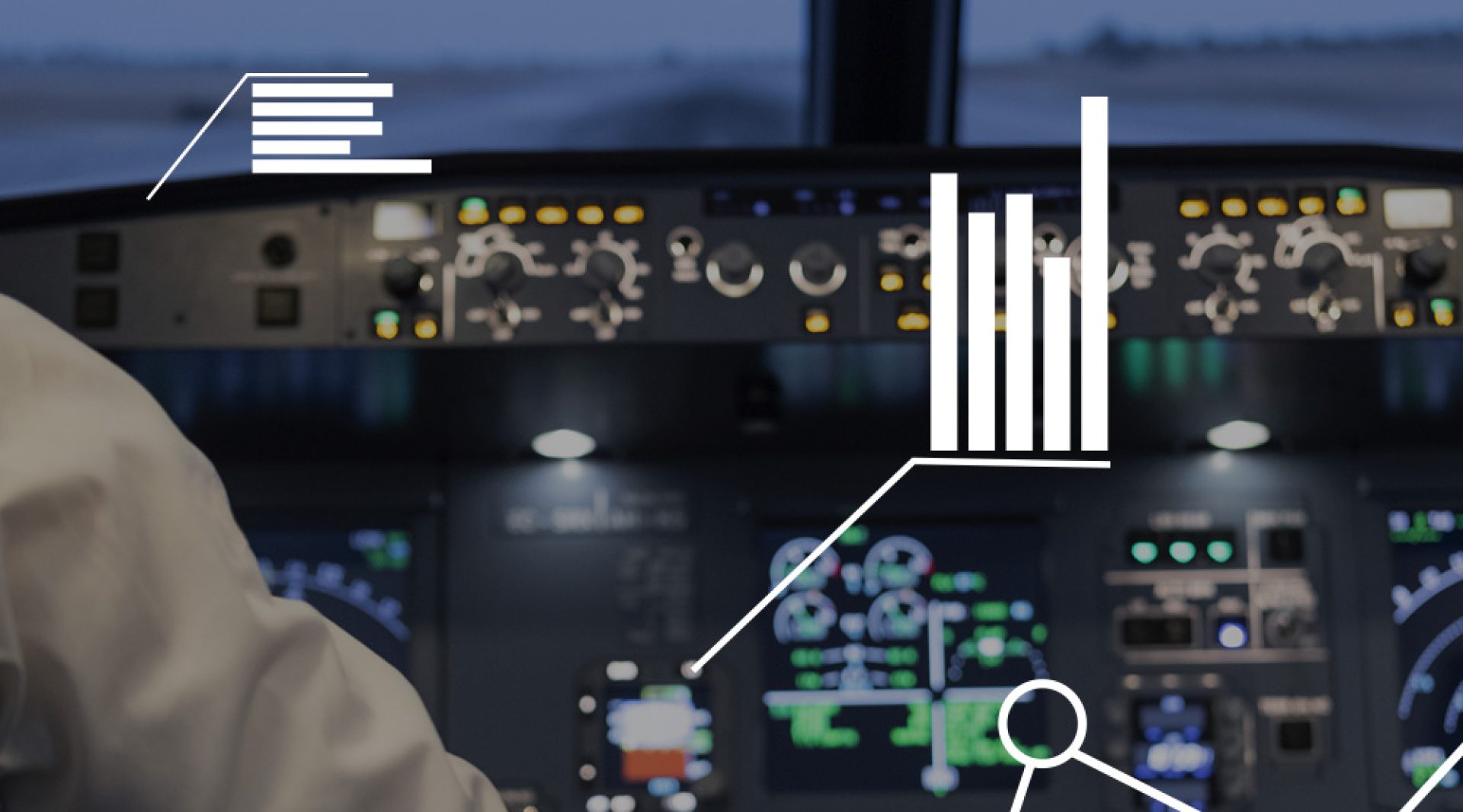 Ein Flugzeug-Cockpit, das von einem menschlichen Arm gesteuert wird.