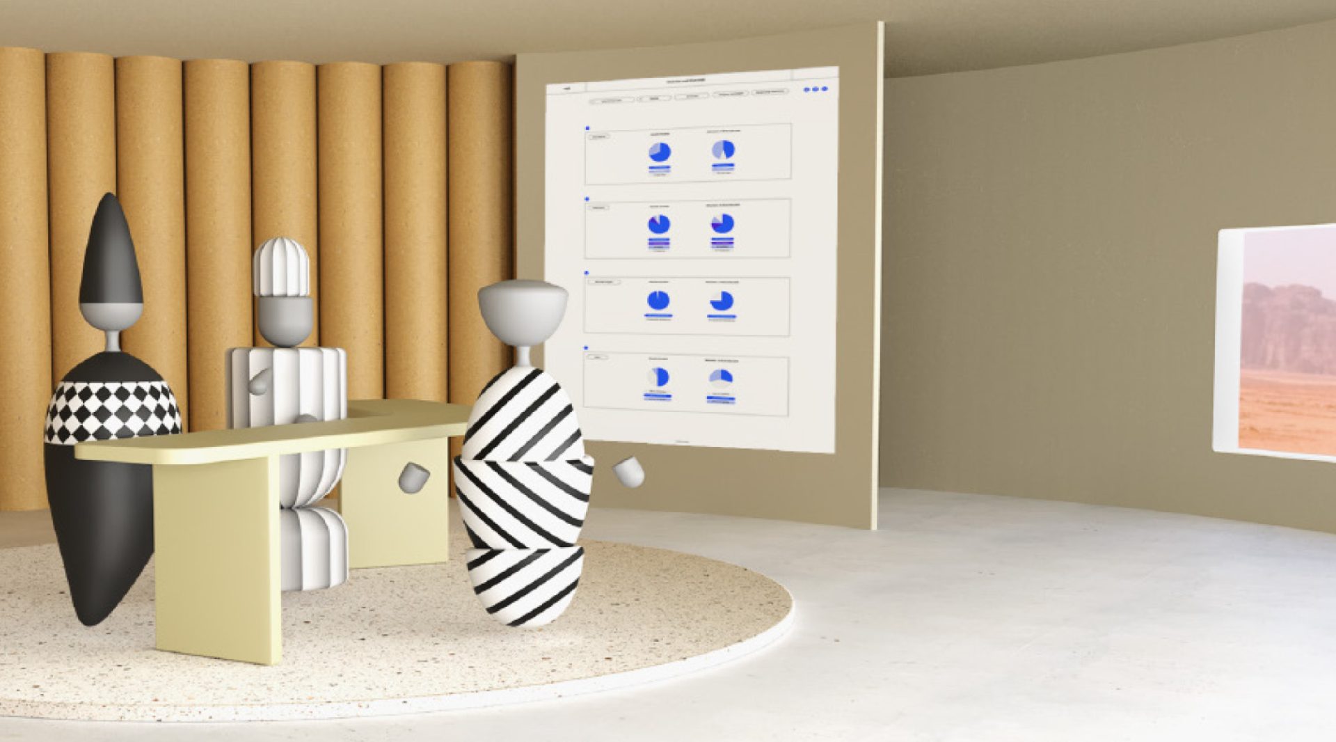 Ein virtueller Emfpang im Metaverse mit drei abstrakten Figuren.