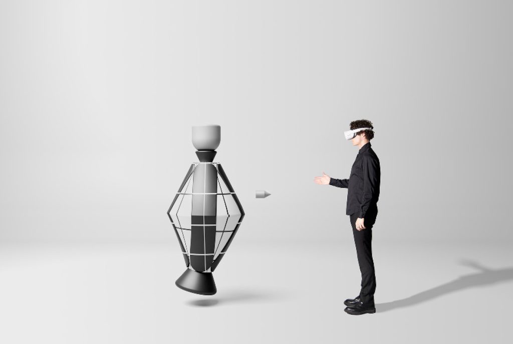 Ein Mann mit einer VR-Brille schüttelt einer abstrakten Figur im Metaverse die Hand.