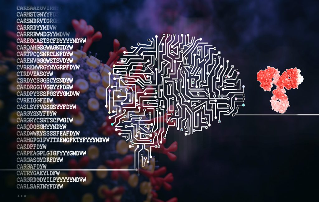 Eine Montage aus einem Bild des Antikörpers und einer Darstellung des menschlichen Gehirns aus Schaltkreisen.