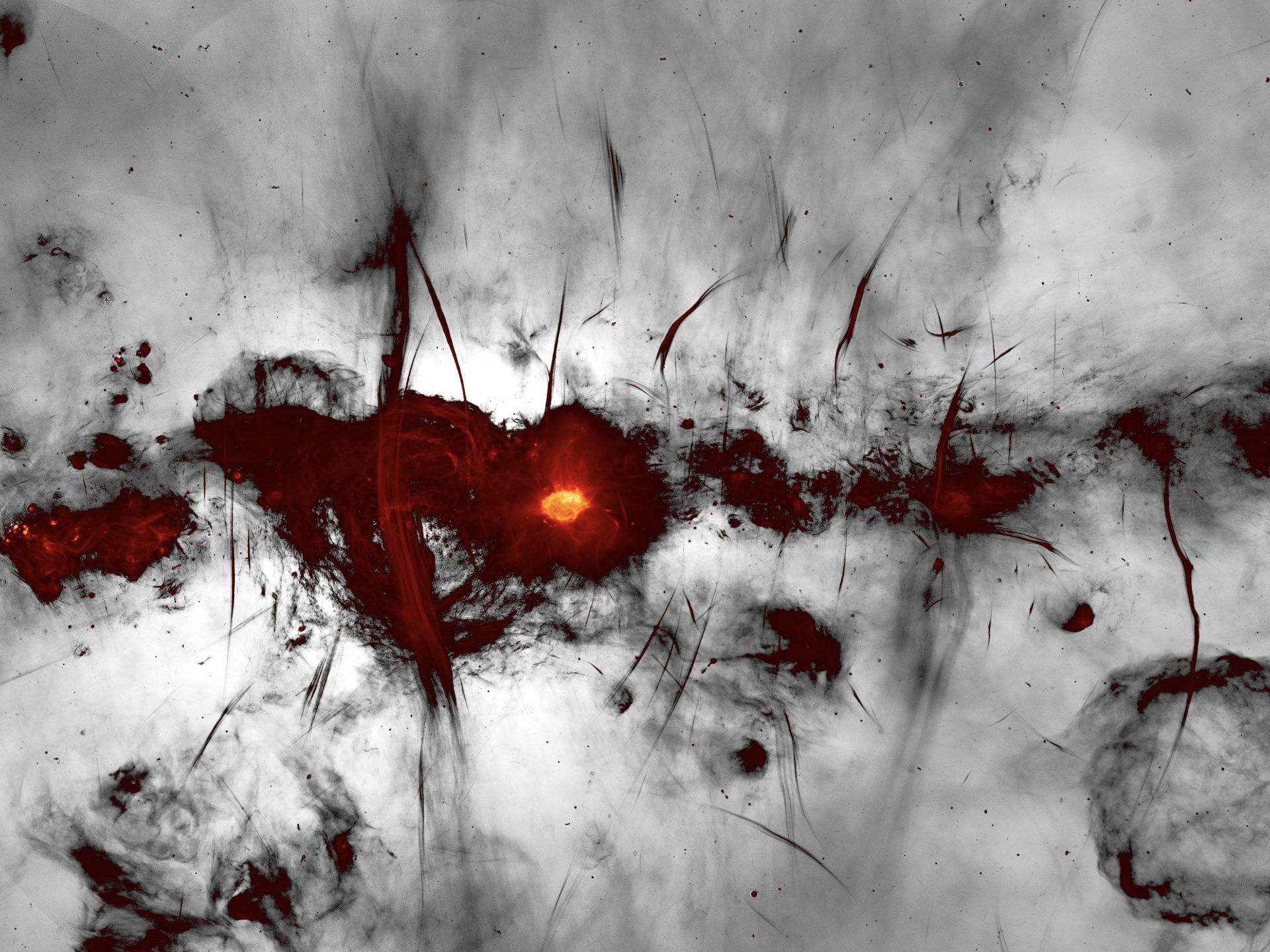 Radiowellenaufnahme des MeerKAT-Teleskops, das Supernova-Überreste, kompakte Sternentstehungsgebiete und geheimnisvolle Filamente vom Zentrum unserer Galaxie zeigt. © Khulu Phasiwe, NRF SARAO.