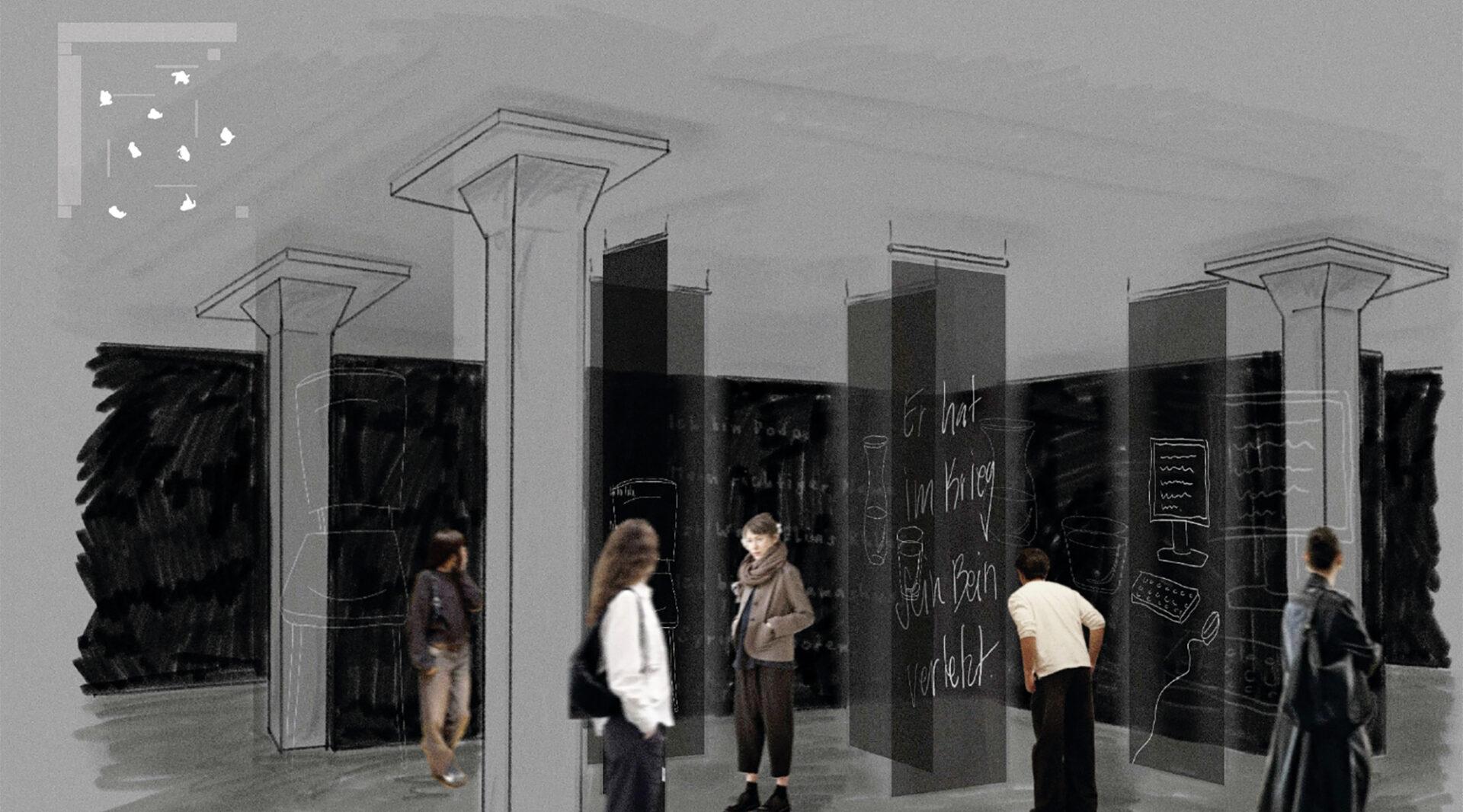 Visualisierung eines Ausstellungsraums mit der Installation «verhör t»: Fünf transparente Stoffbahnen mit Projektionen drauf hängen von der Decke und Besuchende stehen im Raum.