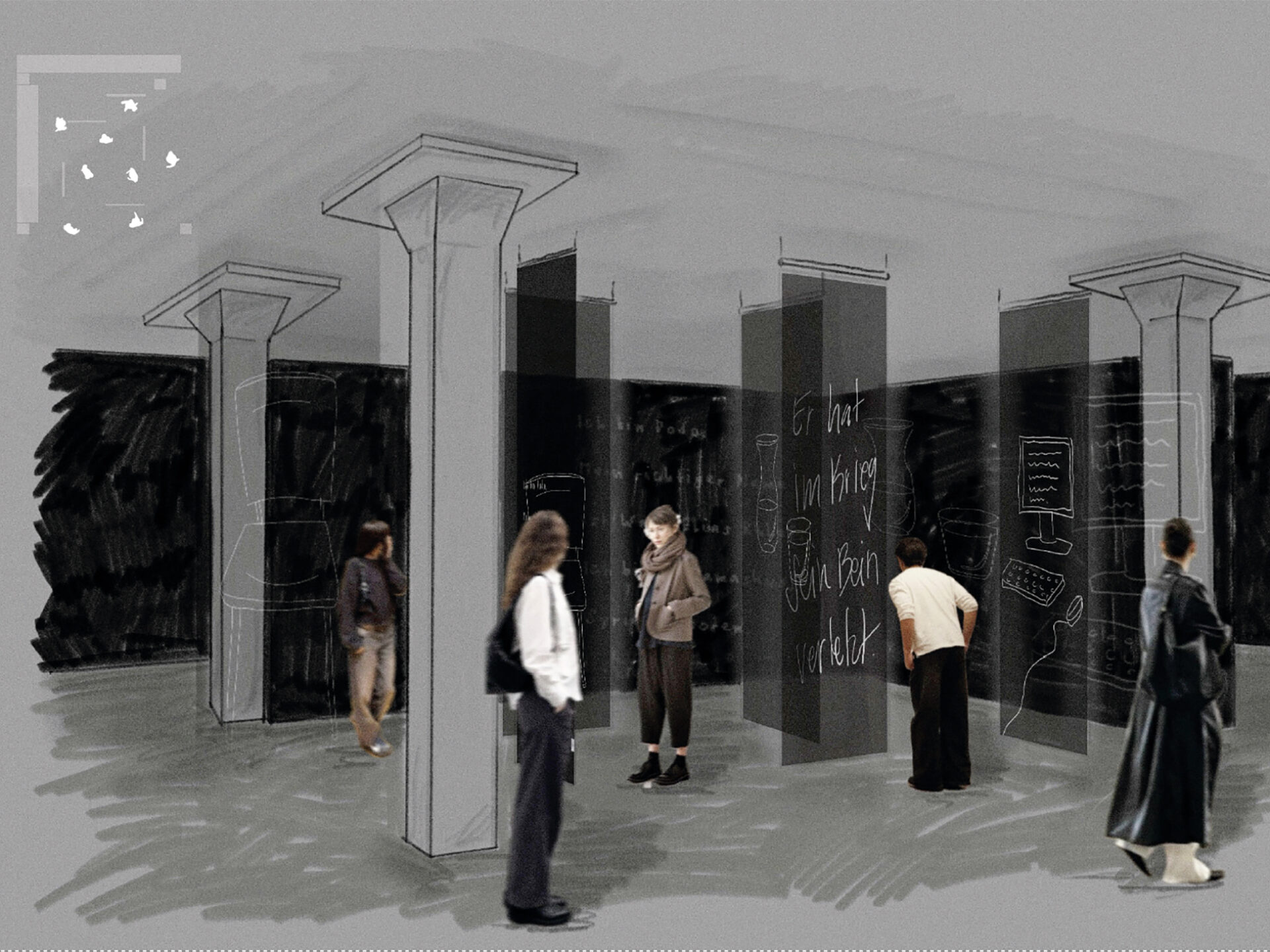 Visualisierung eines Ausstellungsraums mit der Installation «verhör t»: Fünf transparente Stoffbahnen mit Projektionen drauf hängen von der Decke und Besuchende stehen im Raum.